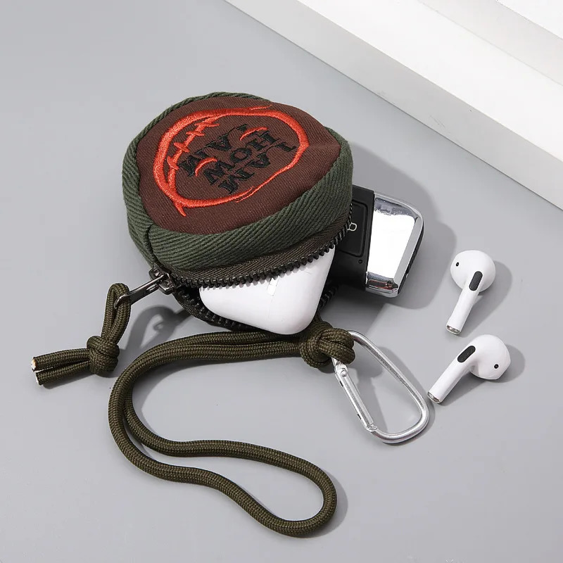 Unique Round Coin Purse Womens Bag Keychain Pendant Corduroy Embroidery Portable Headphones Car Key Bag Change Wallet 250614