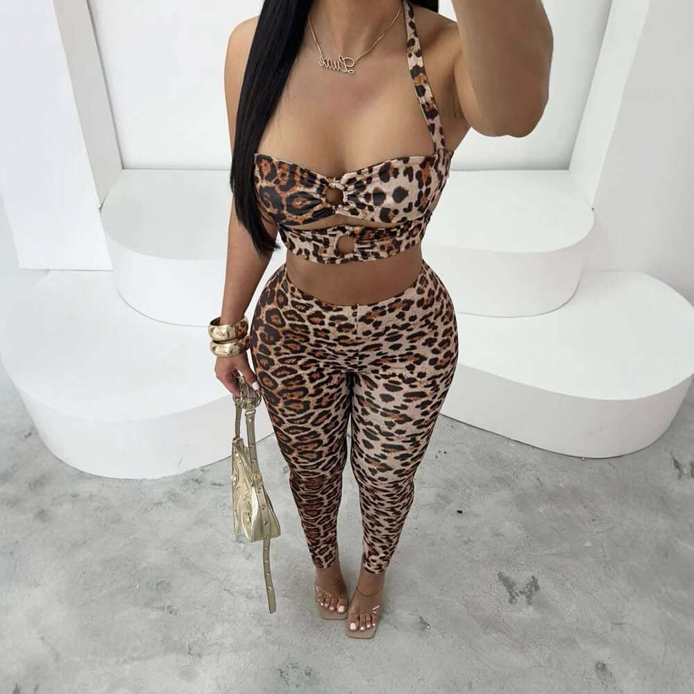 New Fashion Leopard Print Slim Fit Sexy Hollow Out Short Tank Top And Capri Pants Set B5