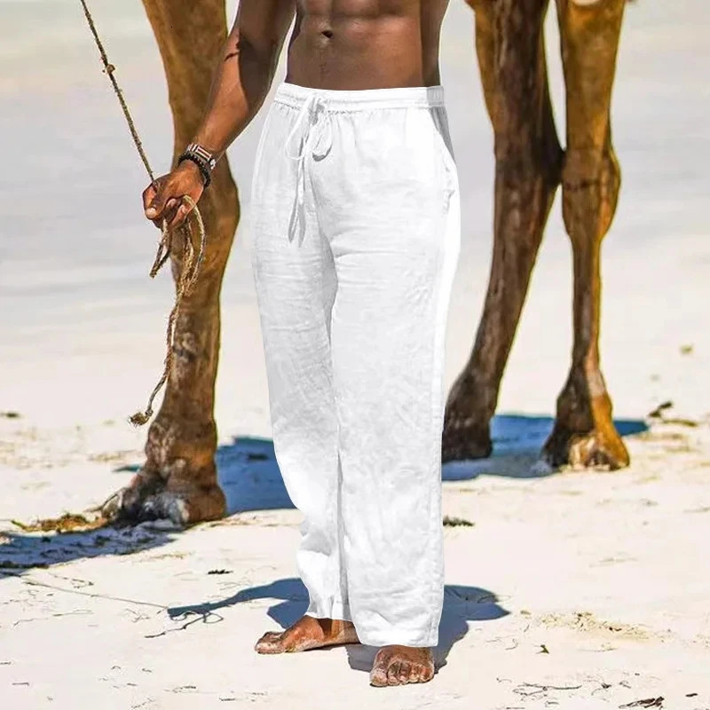 Mens Cotton Linen Pants Loose Cool Casual Long Pants Elastic Waist Long Pant Casual Large Size Streetwear Lightweight Trousers 250614