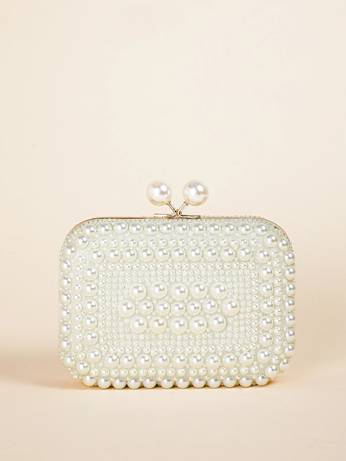 Glamorous Overall Pearl Beads Glossy Kiss Lock Metal Chain Clutch Box Elegant Textured Frame Wedding Purse Party Prom Dinner E 250614