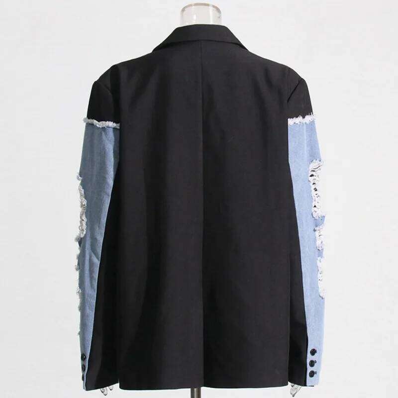 Vintage Style Denim Patchwork Design Sense Women Suit Jackets Y2K High Street Turn-down Collar Ripped Long Sleeve Casual Tops