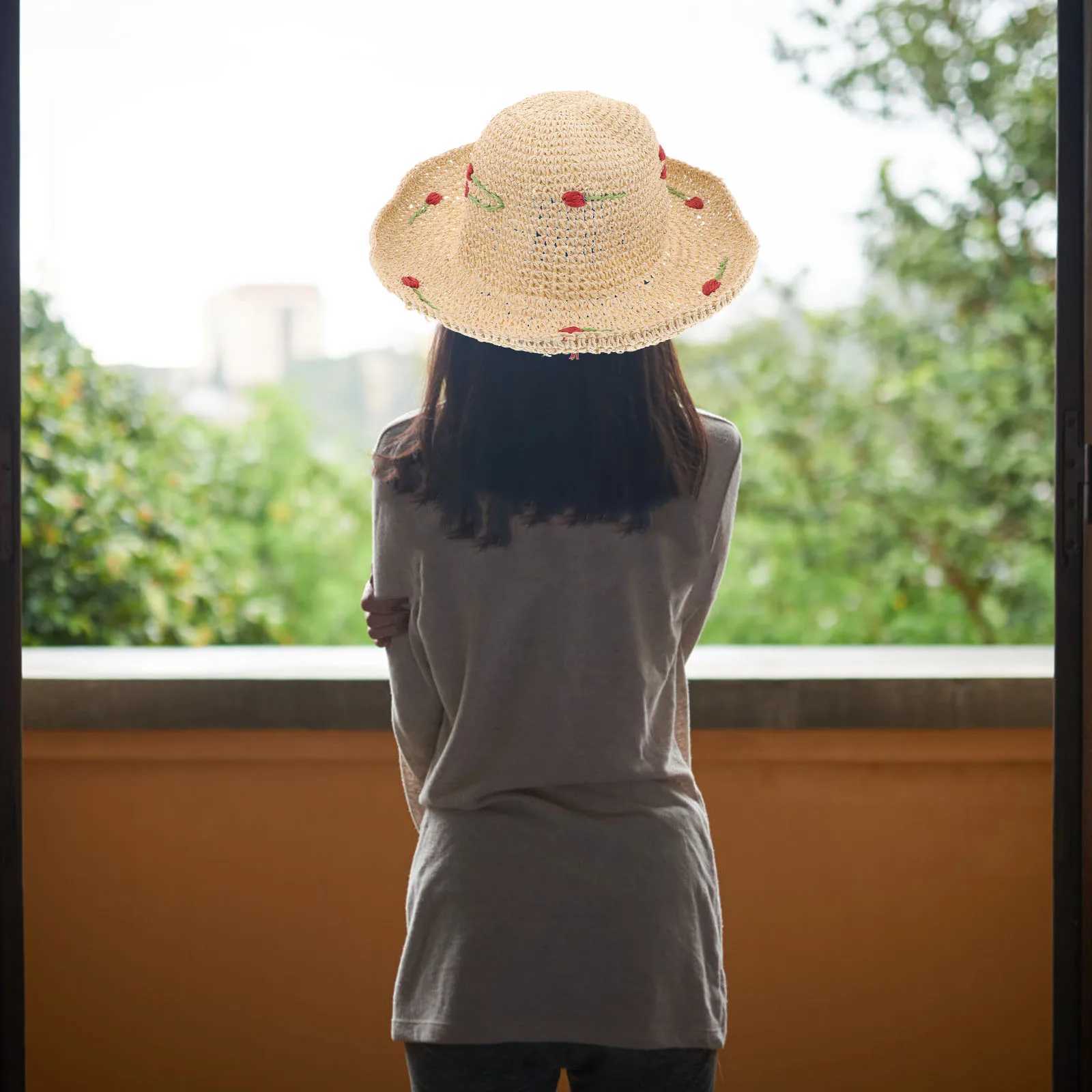 Straw Sun for Women Beach Vacation Wide Brim Bucket Hat Beige Woven Cherry Summer Fashion Comfortable Breathable Sun M250616