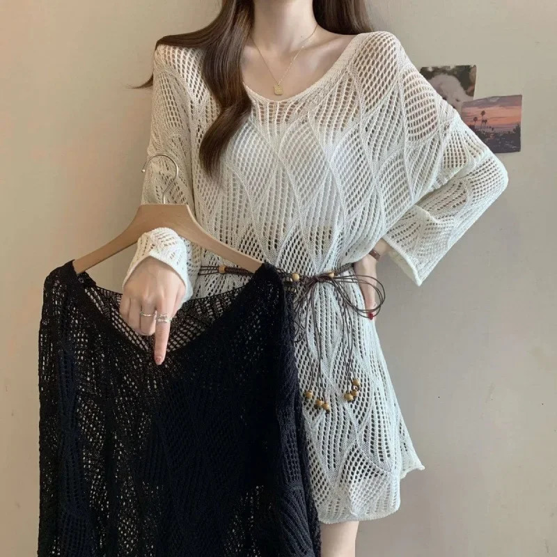 Plus Size Knitted Sweater with Belt Hollow out Fashionable Spring Summer Slimming Womens Top Full Sleeve round Neck 250614