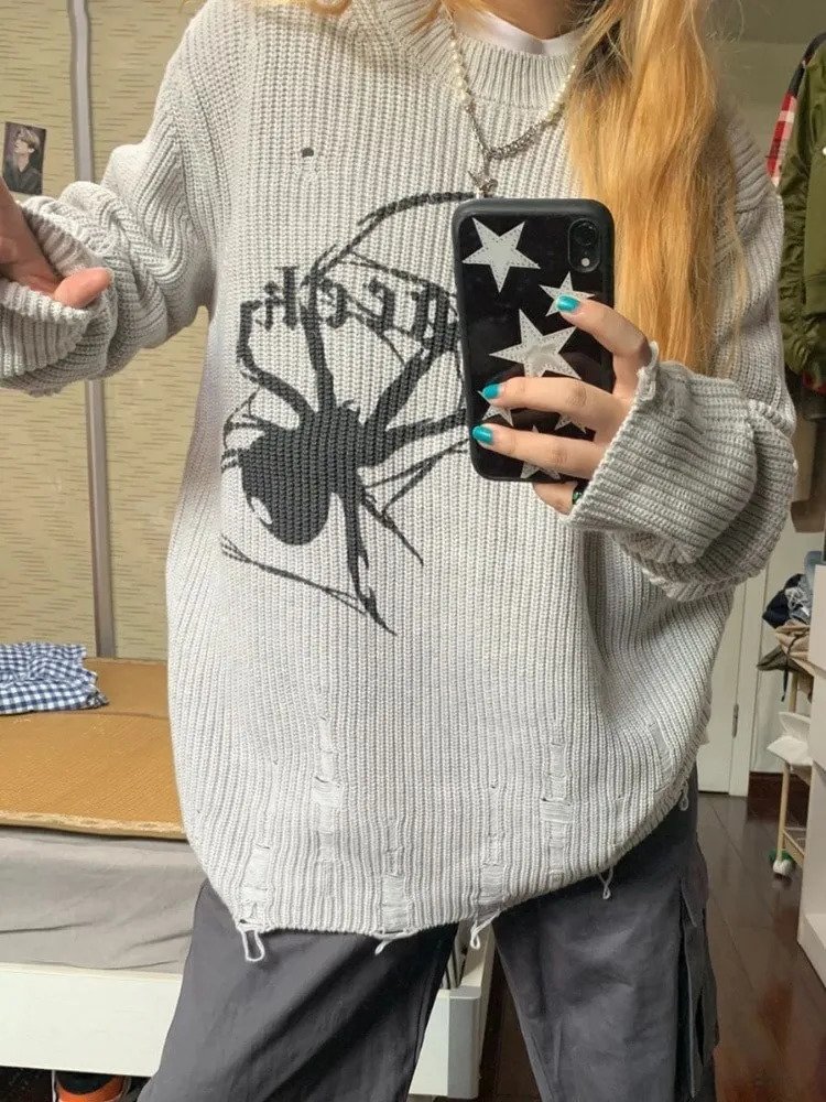Milang girl Spider Print Harajuku Sweater Women Gothic Vintage Ripped Grunge Jumper Streetwear Korean Oversize Hiphop Pullover 250614