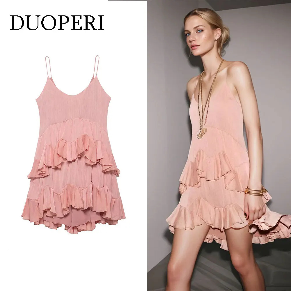 DUOPERI Women Summer Pink Ruffled ALine Mini Dress Back Zipper Thin Straps VNeck Female Elegance Chic Lady Dresses 250611