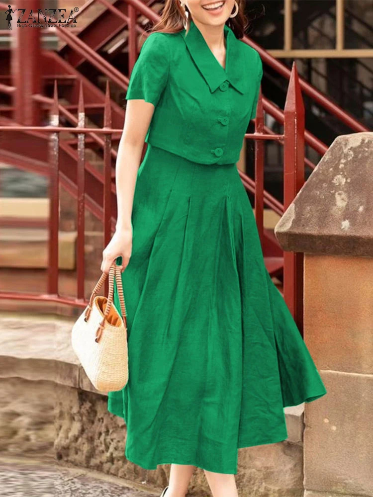 ZANZEA 2025 Summer Women Dress Sets Casual Elegant Matching Sets Two Piece Sets Short Sleeve Tank Dress Outfits Solid Suits OL 250609