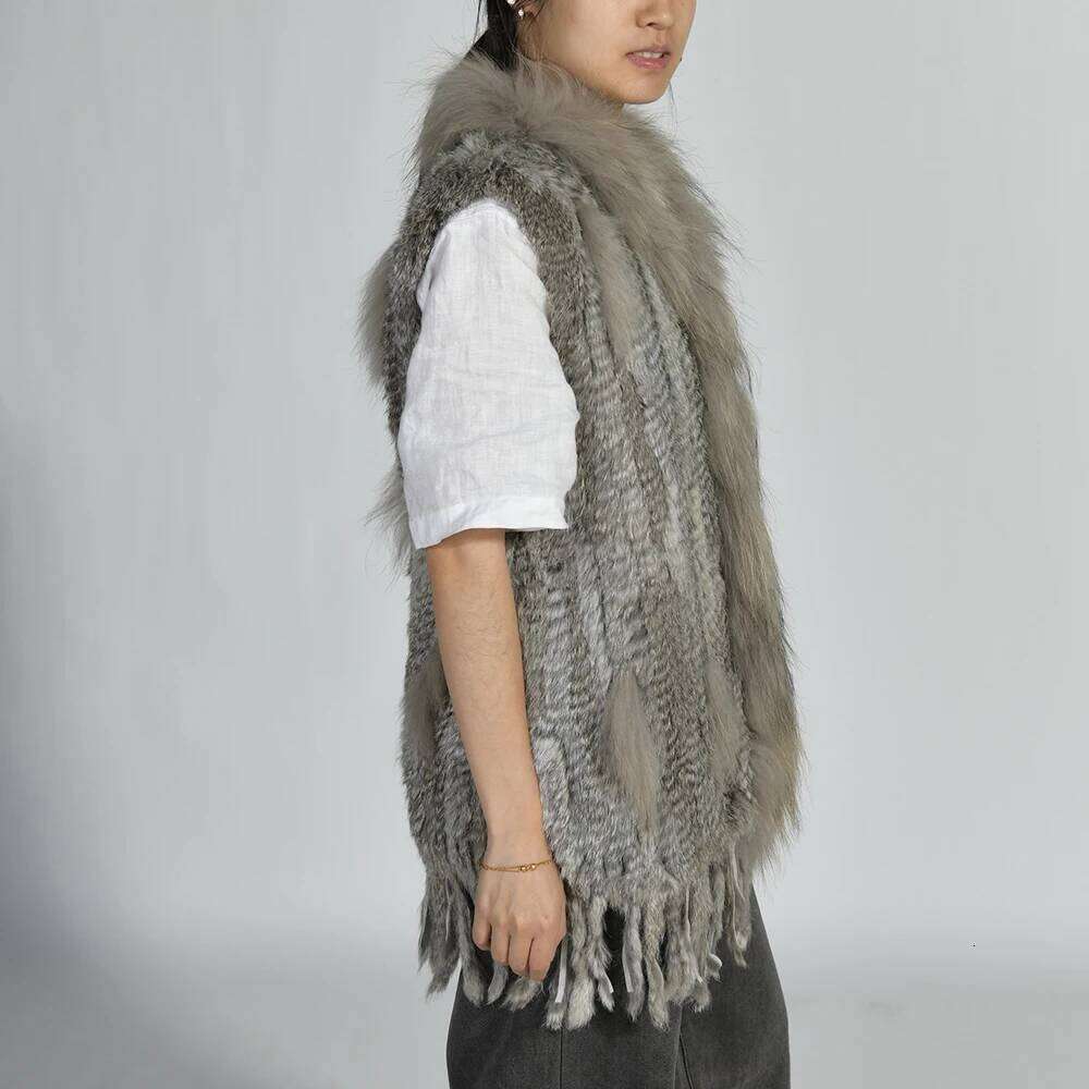 Jxwatcher Women's Real Rabbit Knitted Vest with Tassel Natural Warm Sleeveless Coat Ladies Genuine Fur Gilet New Arrival
