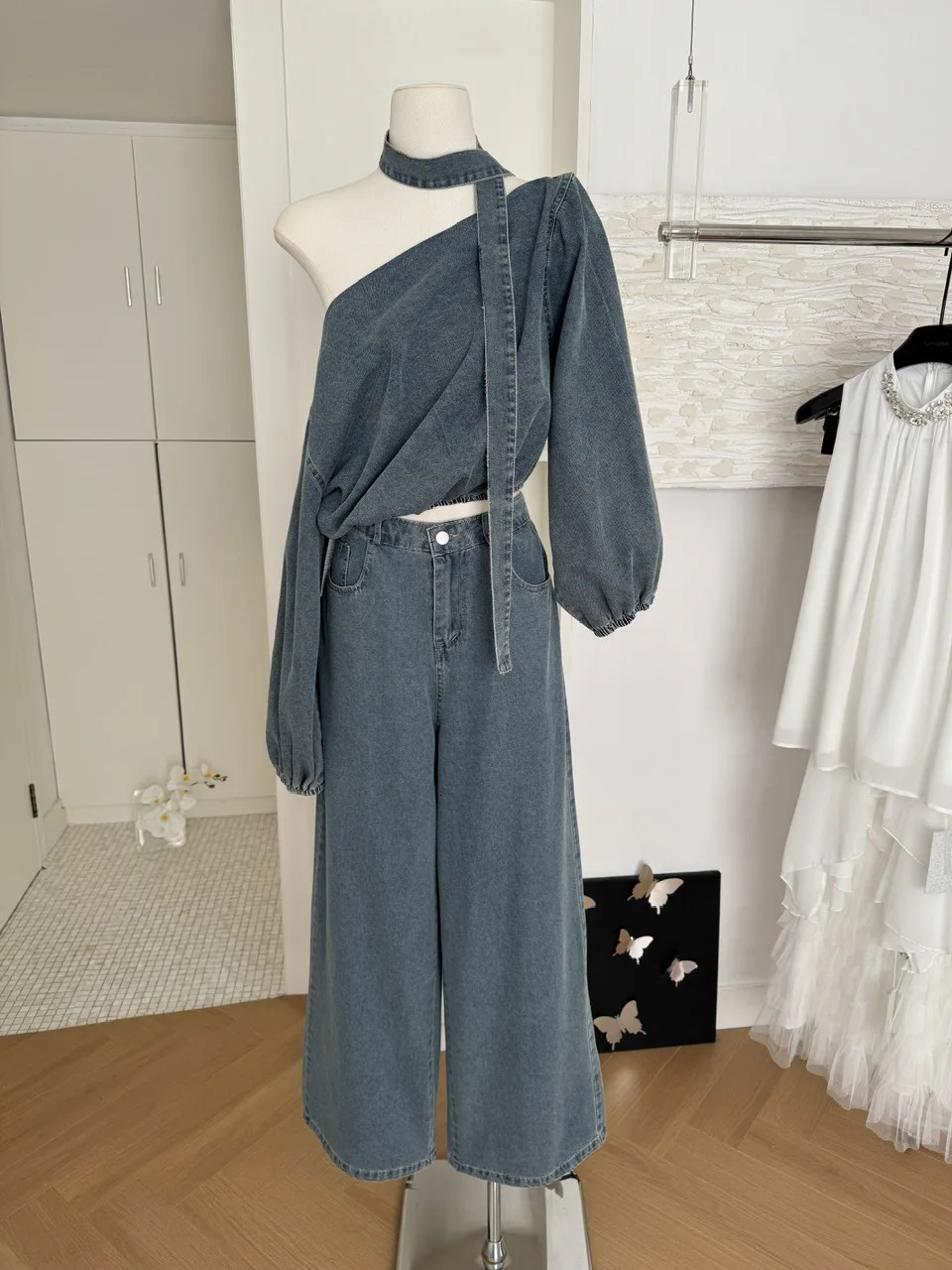 Summer Women Korean Rave Vacation Y2k 2000s Outfits 2 Piece Pants Set Off Shoulder Denim Long Sleeve Crop Top Long Baggy Jeans 250614