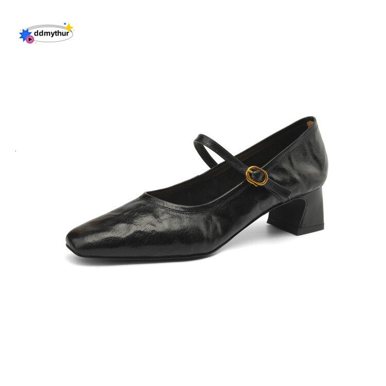 Slimming Square Toe Genuine Shallow Mouth Single for Women, Chunky Heel French Mary Jane Shoes, Burgundy Mid-Heel Leather Shoes ddmythur