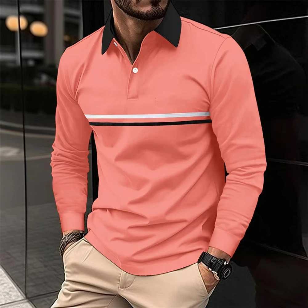 2024 Men New Stripe Long Sleeve Polo Shirt Men Casual Simple Style Polo Shirts Spring Fall Stand Basic Blouse Tees Mens Clothing W250616