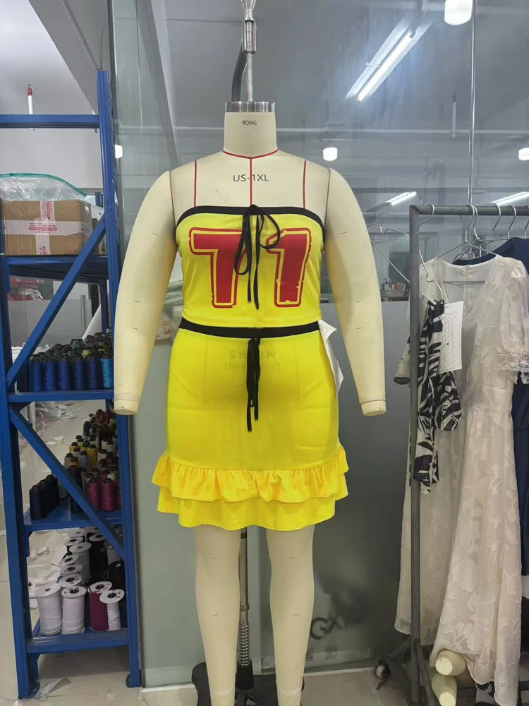 Plus Size 2025 Summer Spice Girls Letter Bustier Top Lace Up Bowknot Halter Skirt Two Piece Set Trendy Sexy 250609