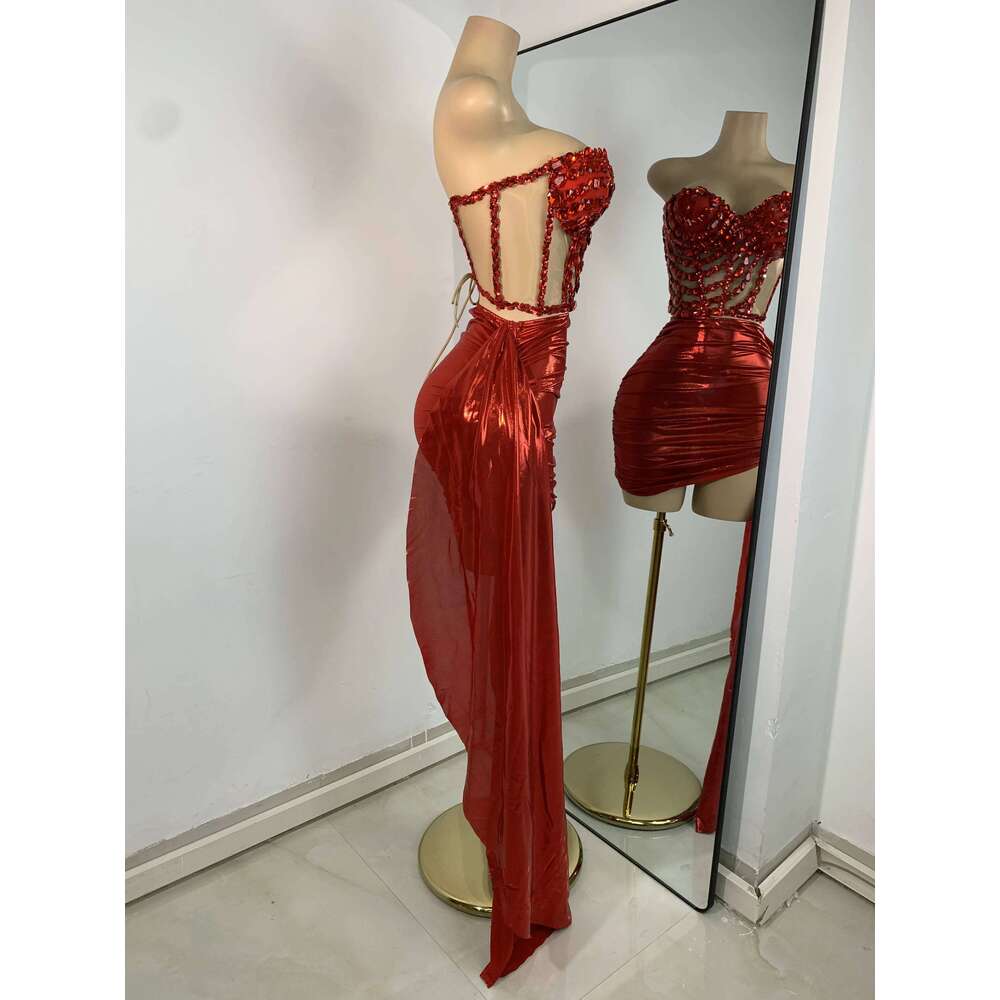 Sparkly Red Dias Asymmetrical Two Pieces Dress Design 2025 Women Sexy Strapless Top Skirt Suits Dance Performance Outfit