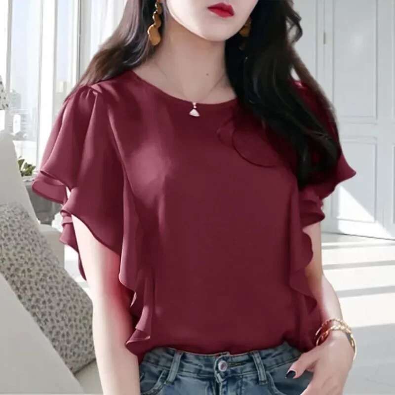 Woman Top Chiffon Ruffle Shirts Blouses for Women with Short Sleeve Frill Korean Reviews Clothes Fashion 2025 Elegant Chic New