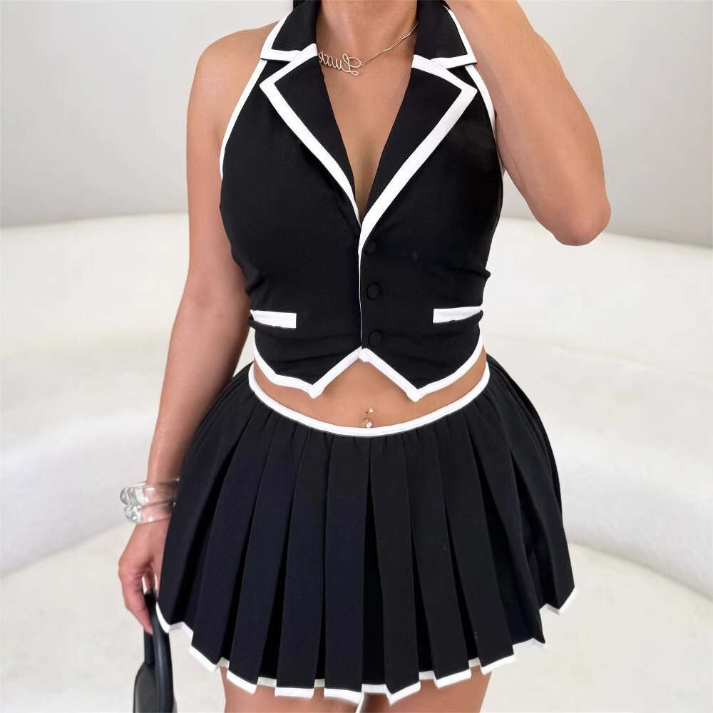 New Fashion College Style Professional Slim Sexy Turn-Down Collar Vest Top Pleated Short Skirt Set For Women B5