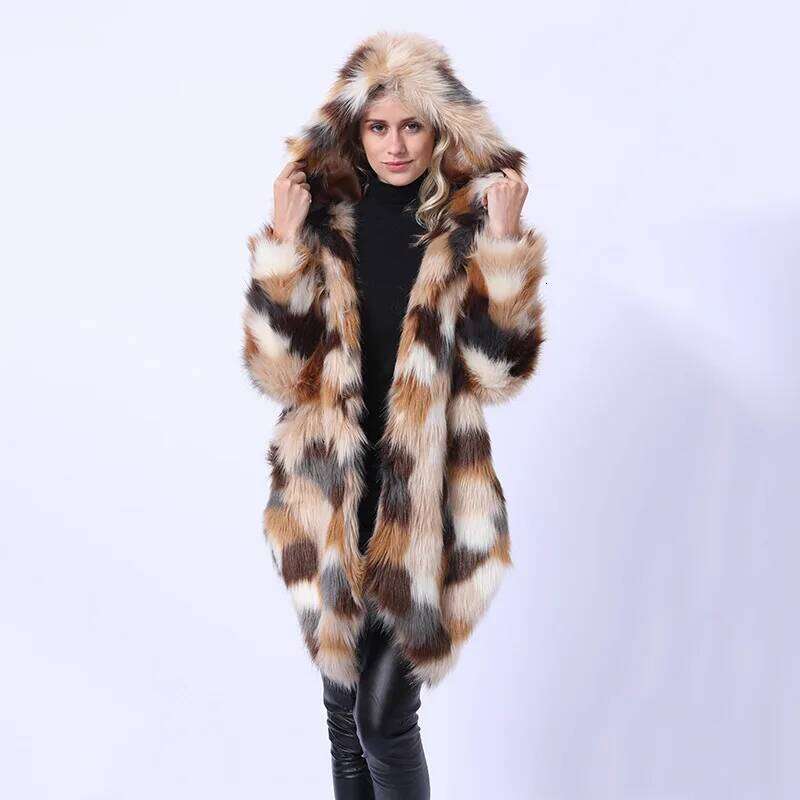 Imitation Fur Jacket European American Foreign Trade Medium and Long Women's Clothing Contrasting Colors To Keep Warm Autumn