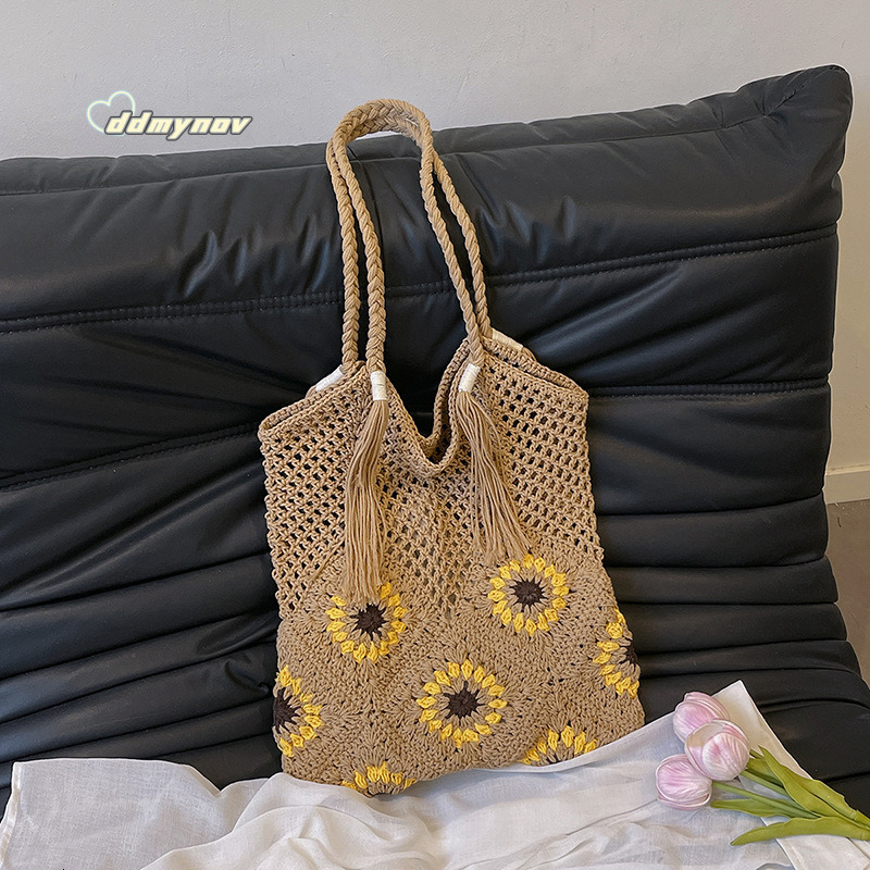 Forest Style Sunflower Knitted Hollow Woven Underarm for Women Summer Beach Large Capacity Shoulder Tote Bag ddmynov ddmynov ddmynov