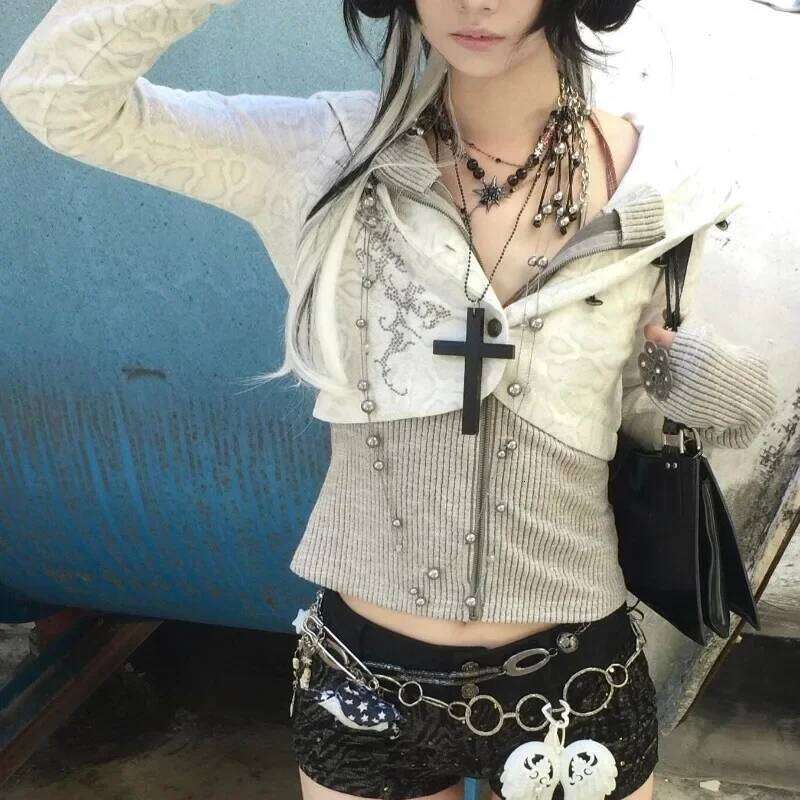 Y2k Gothic Zippered Knitted Fashion High Street Sweater Haruku Hip Hop Zip Hooded Cardigan