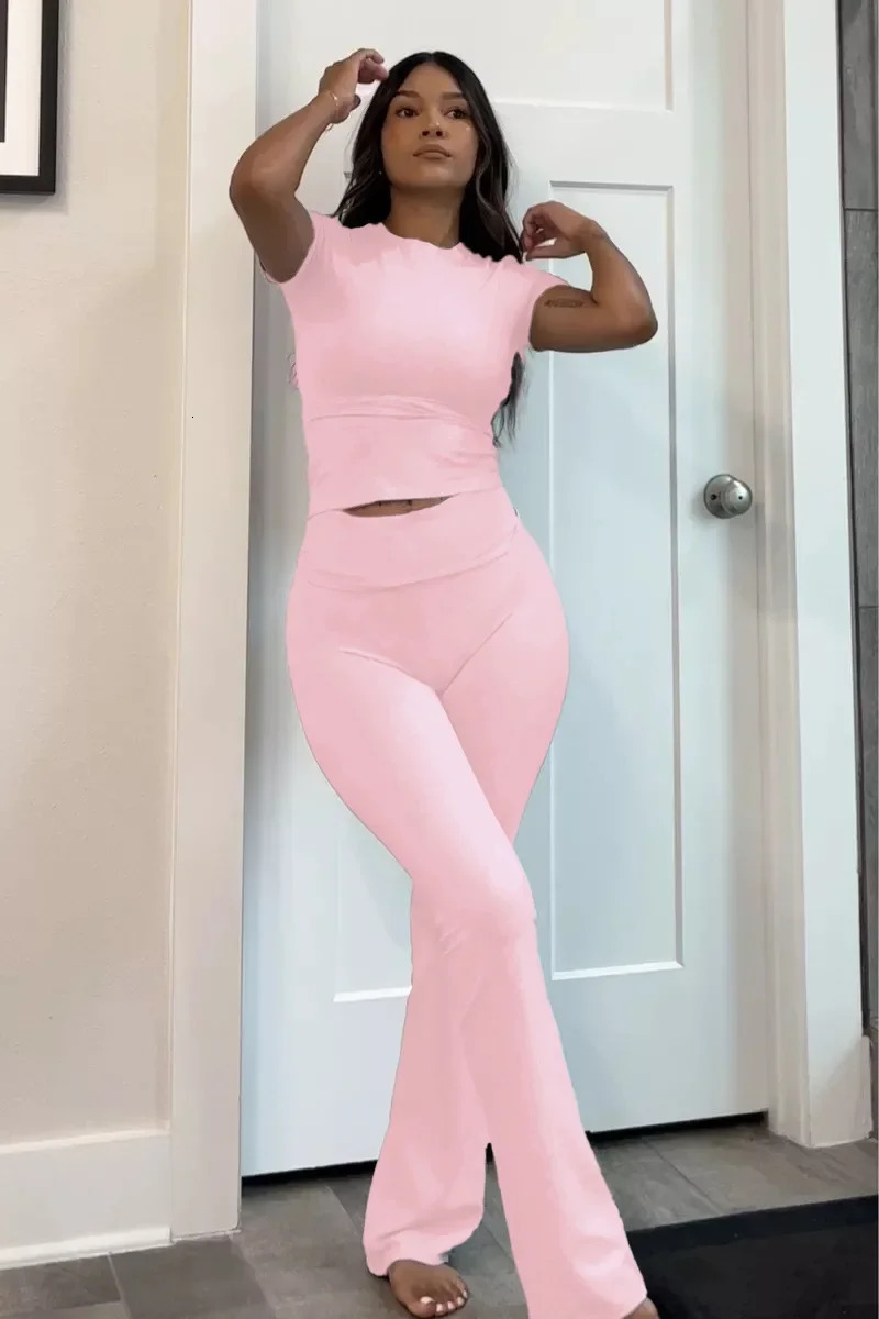 Women 2 Piece Lounge Sets Fold Over Short Sleeve Crop Top And Low Rise Flare Leggings Yoga Pants Set Tracksuit 250612