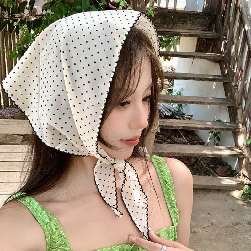 Sweet Polka Dot Triangle Headscarf Women Striped Lace Neck Scarf Headband Korean Pastoral Headwrap Summer Sunscreen Hair Scarf 250610