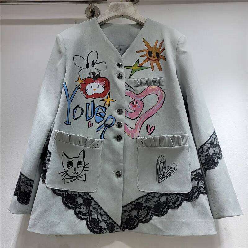 WTHT Trendy New Women Colorful Graffiti Spliced Lace Design Blazer 2025 Spring Fashion Lapel Long Sleeves Jacket Female 1LS1171