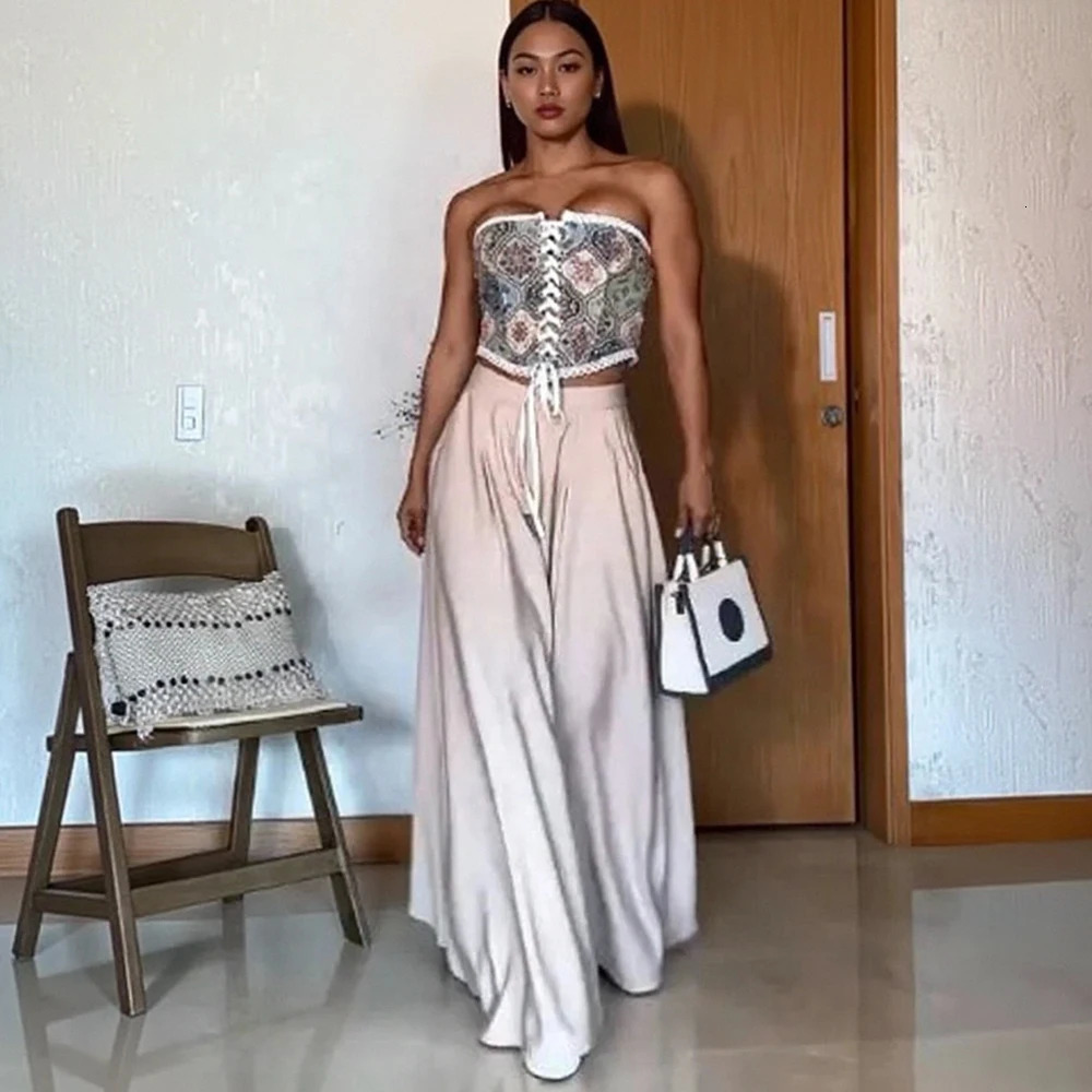 Wefads Women Set Sleeveless Strapless Tops Wide Leg Pants Two 2 Piece Hole Hollow Out Summer Sexy Street Tracksuit 250612