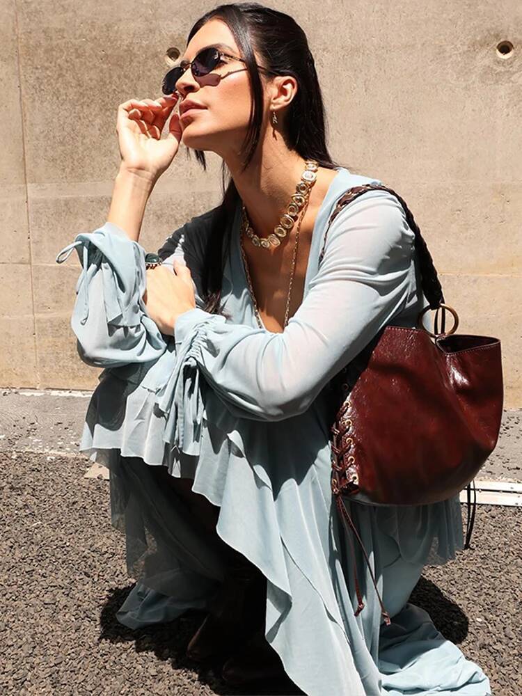 Designer Ruffles Shirt Skirt Suits Women V-Neck Lace Up Flare Long Sleeve Tops High Waist Irregular Hem Skirts Chic Ladies Sets