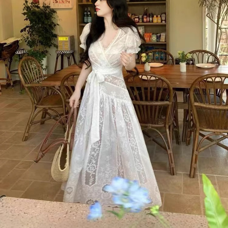 PD180 waist embroidery hollow dress suspender dress long skirt female summer