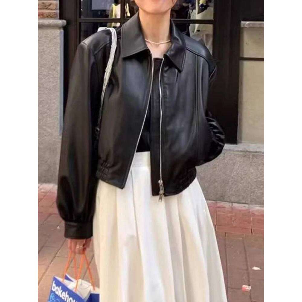 Korean Black Cropped Women Fashion Moto Biker Zipper Jacket Winter High Street Leather Coat Female