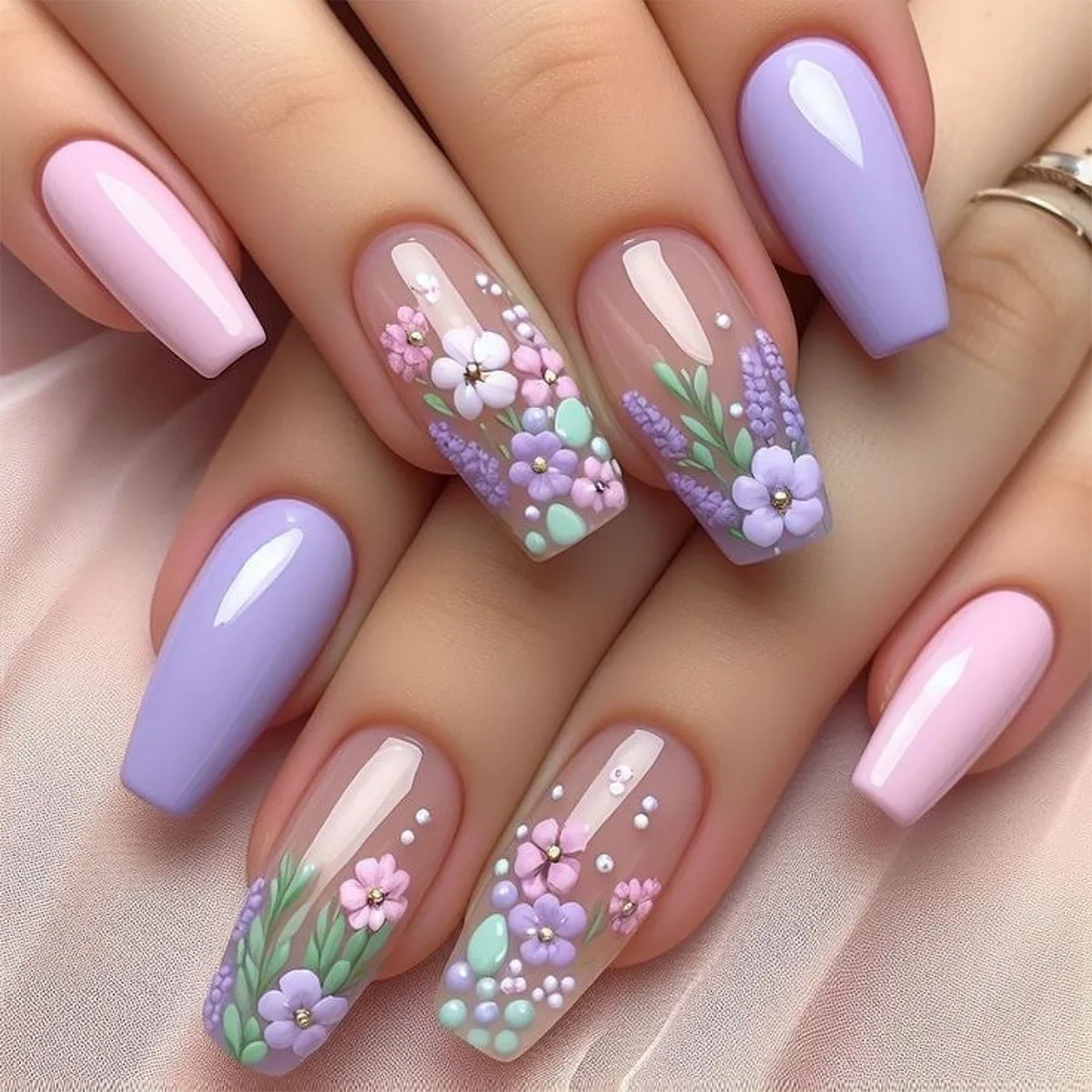 24pcs Purple Flower Press on Fake Nails for Women Pink Mid-length Coffin Full Cover Nail Tips False Nails Summer DIY Manicures 250611