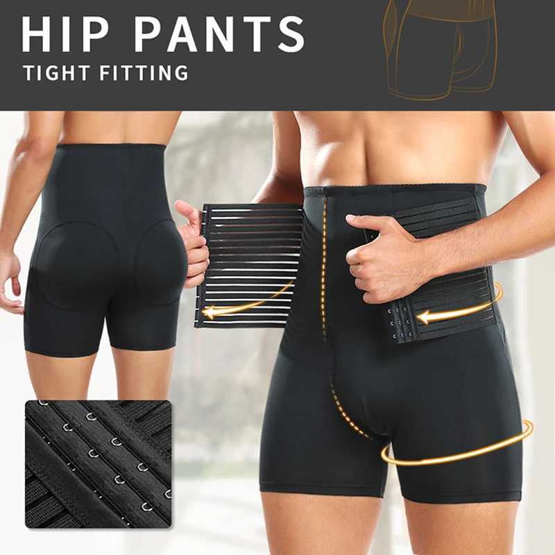 Men Compression Shorts Hi-Waist Tummy Control Boxer Waist Trainer Padded Panty Shapewear Sexy Ass Underwear with Pouch for Balls W250616