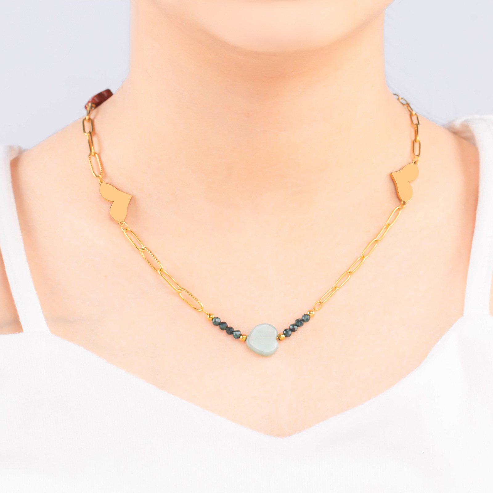 Fashionable and Elegant Style Personality Natural Stone Heart Necklace for Women Titanium Steel Versatile Non-Fading Jewelry