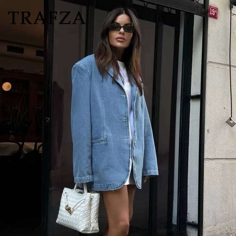 TRAFZA 2024 Spring Summer Casual Women Denim Fashion Vintage Solid Shrug Loose Single Breasted Chic Ladies Blazers