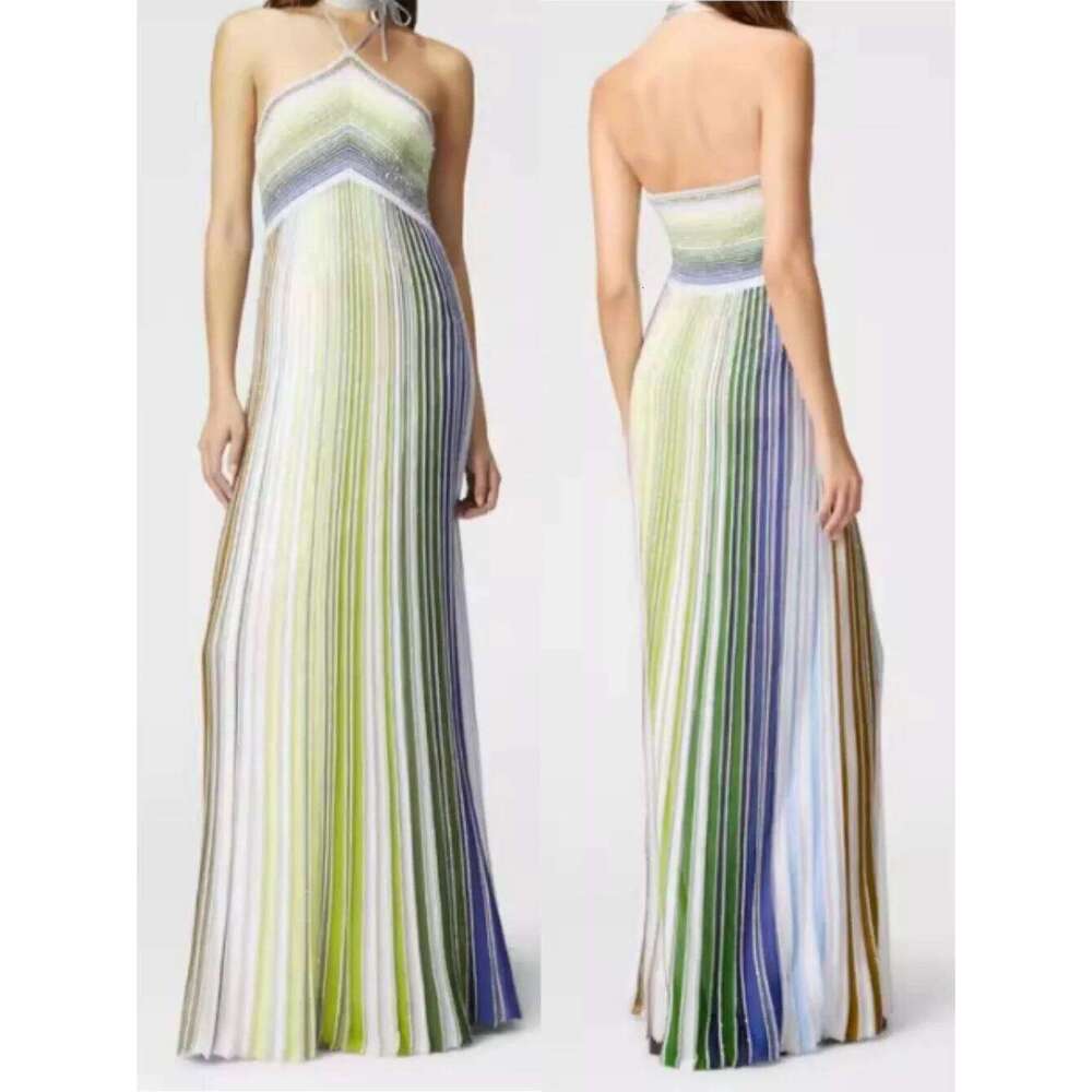 2025 New Women Halter Neck Knitted Long Dress Metallic Sequined Striped Sleeveless High Waist Holiday Ladies Robe