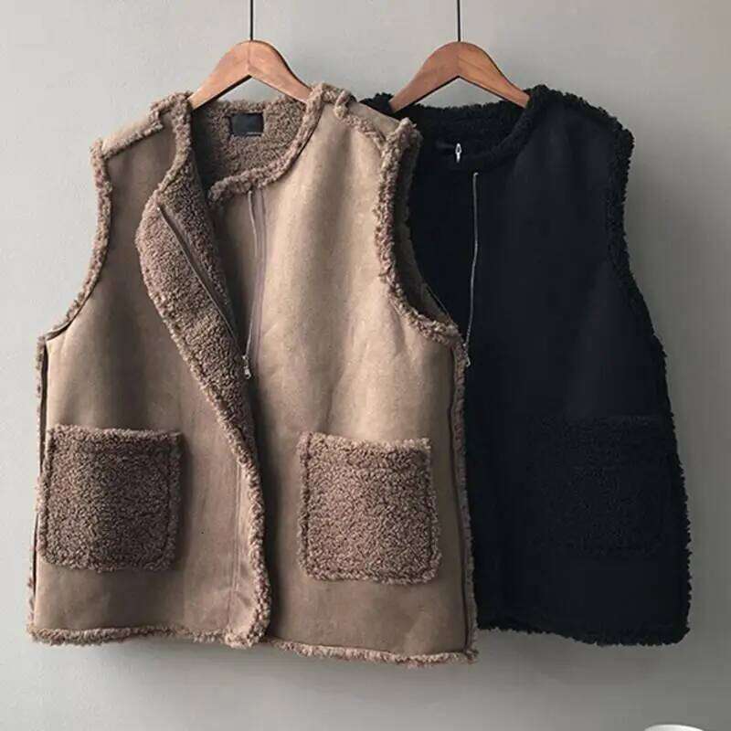 Korean Style Women Faux Lamb Wool Vest Tops Sleeveless Winter Coat Gilet Femme Fashion Brown Jackets Thicken Outerwear