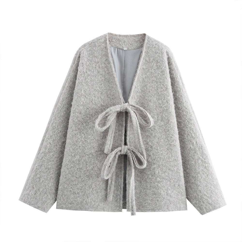 Grey Beige Khaki Deep Blue Four Color V Neck Long Sleeves Bow Lace Up Design Women Loose Solid Open Coat ZATAF 2024 New