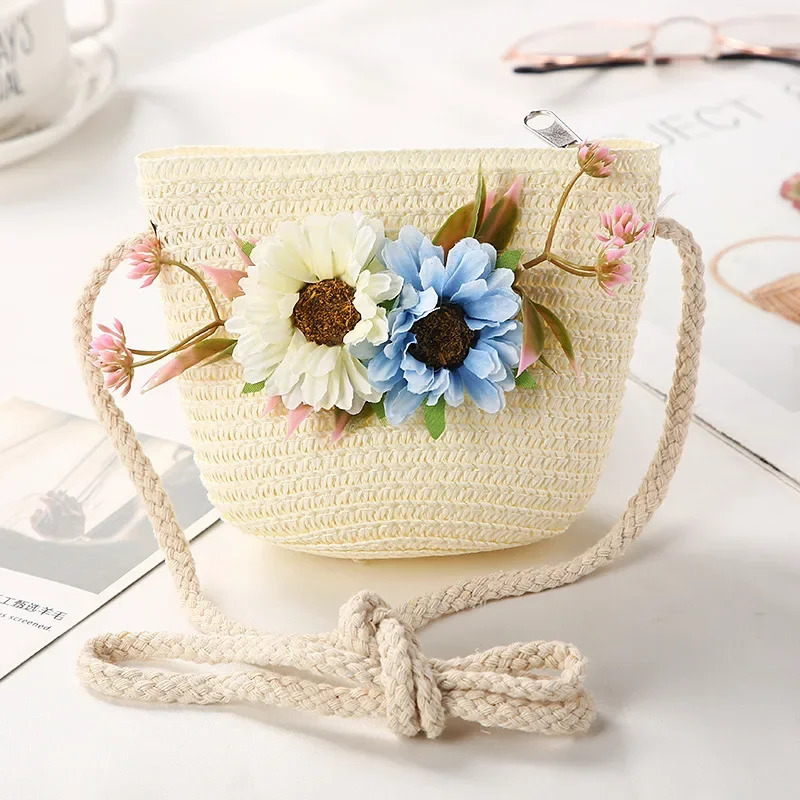 Summer Children Girls Shoulder Bag Daisy Flower Straw Messenger Kids Keys Coin Purse Cute Princess Mini Handbag 250615