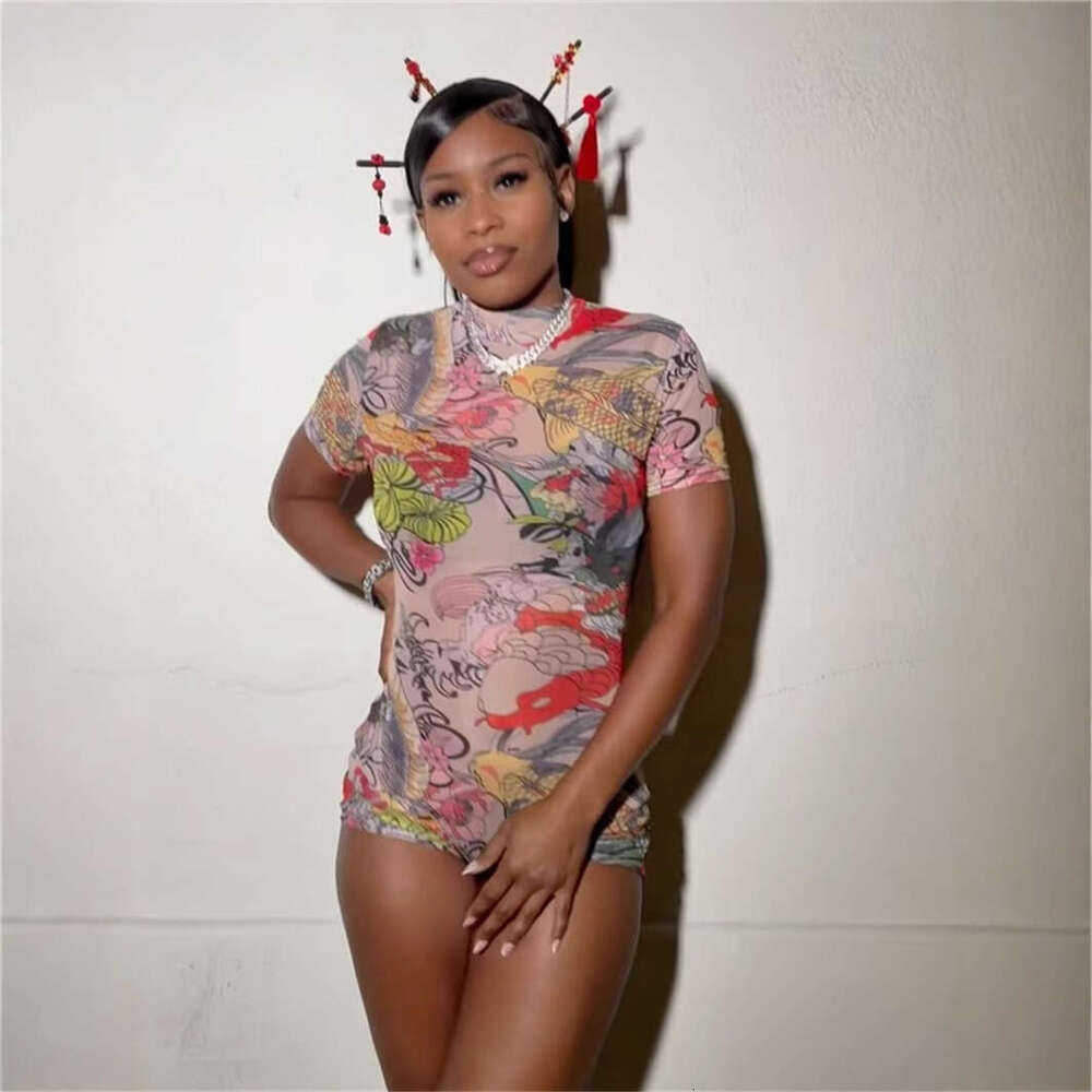 Summer New Women's Fashion Personality Sexy Print Backless Slim Fit High Neck Jumpsuit B5