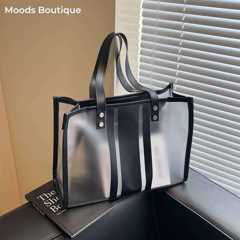 Summer Hot Transparent Shoulder Bag Set For Women 2-In-1 PVC Striped Large Capacity Shopping Totes Travelling Beach Handbag
