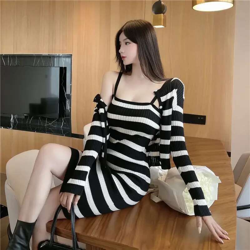 Dress Long Sleeve Crochet Sexy Knit Womens Two Piece Set New in Matching Sets Y2k Clothes Formal Event Occasion Female Outfits