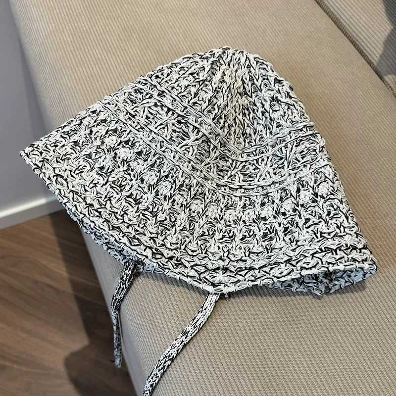 New Arrival Korean Mixed Color Woven Strap Bucket Hat Summer Breathable Hollow Casual Versatile Sunshade Foldable Knitted Sun Cap for Women U250616