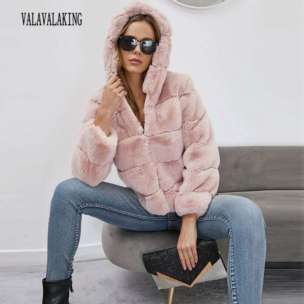 2025 Winter Plus Size Faux Fur Cropped Coat Hooded Long Sleeve Fluffy Jacket Lady Large Thick Warm Furry Cardigan Outwear