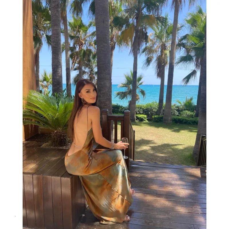 Summer Womens Open Back Sleeveless Dress Fashion Satin Mid Length Printed Sexy V Neck Sling Dress 250611