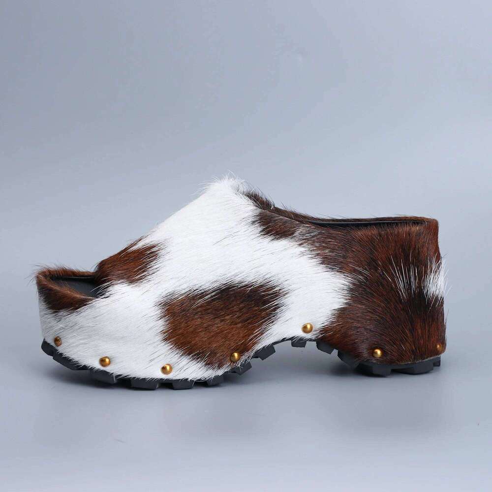 2025 Women Designer Platform Mules Real Calf Hair Leather Lined Slip On Clogs Slides Sandals Summer Fashion Comfort Shoes