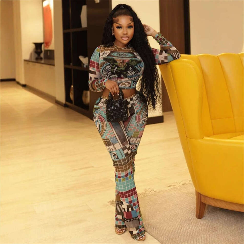 Autumn New Mesh Personality Fashion Sheer Sleeve Printed Crop Top And Long Pants Set B5