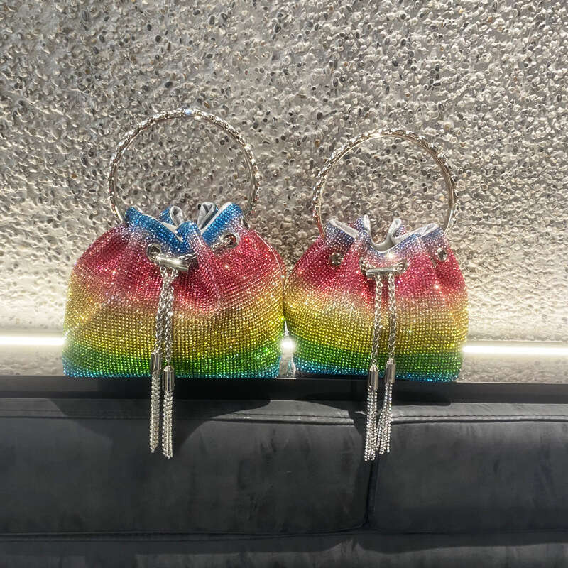 Women's 2023 New Rhinestone Bucket Round Handle Handbag Single Shoulder Crossbody Chain Small Bag Inlaid with Rhinestones