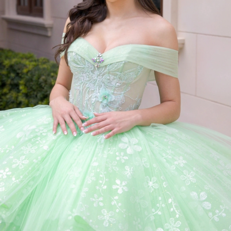 Green Shiny Quinceanera Dresses Ball Gown Off The Shoulde Sequin Applique Lace Beading Tull Corset Sweet 16 Dress Vestidos 15 De Anos