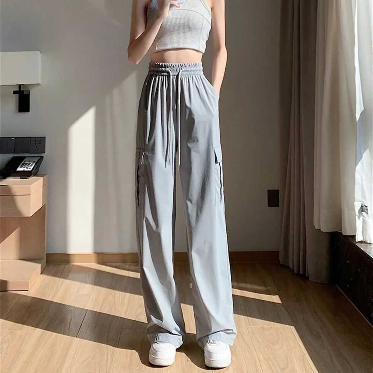 High Waist Baggy Cargo Pants Women Spring Summer Wide Leg Straight Solid Trousers Lady Casual Vintage Elastic Pant Streetwear XJ250616