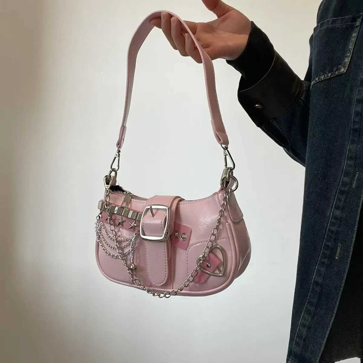 Fashion Hot Girls Square Shoulder Bags Retro Rivet Star Womens Underarm Bag Sweet Pu Leather Female Chain Handbags Pink PurseXJ2520616
