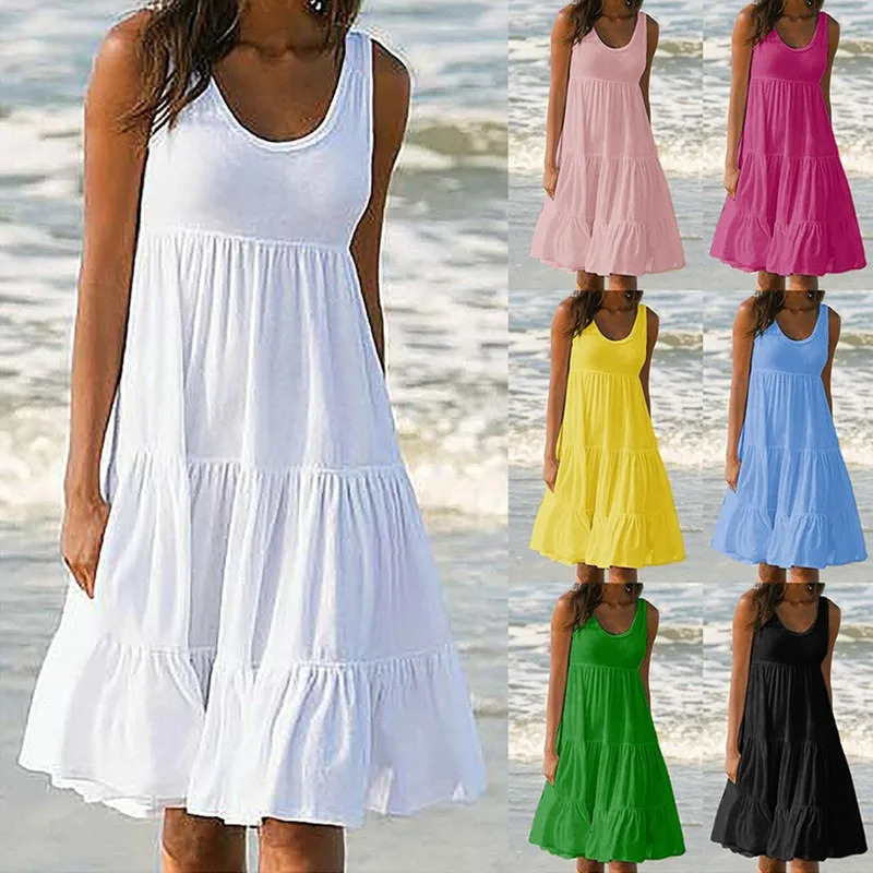 Women Casual O Neck Sleeveless Ruffles Mini Dress Boho Solid Beach Sundress Oversized Loose Dress Summer 250609