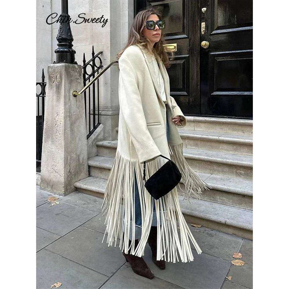 Fashion Woolen Tassel Coat Women Brown Single Breasted Long Sleeve Lapel Loose Jacket 2025 Spring High Street Outerwear